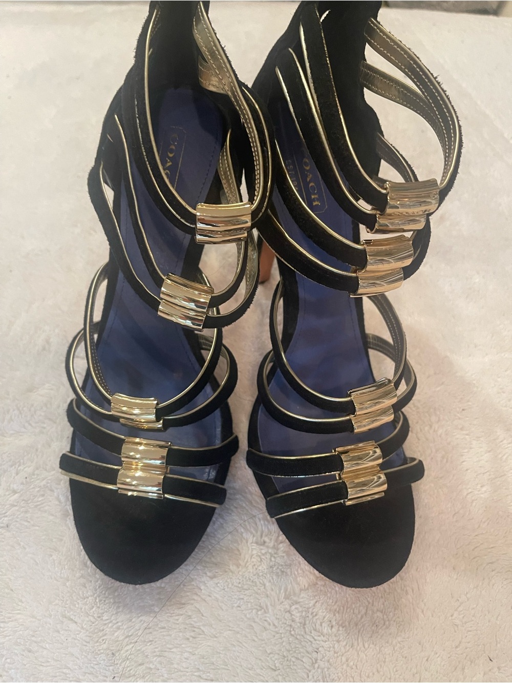 Coach Black Strappy Heels with Gold Accents 4” heel. Very good condition